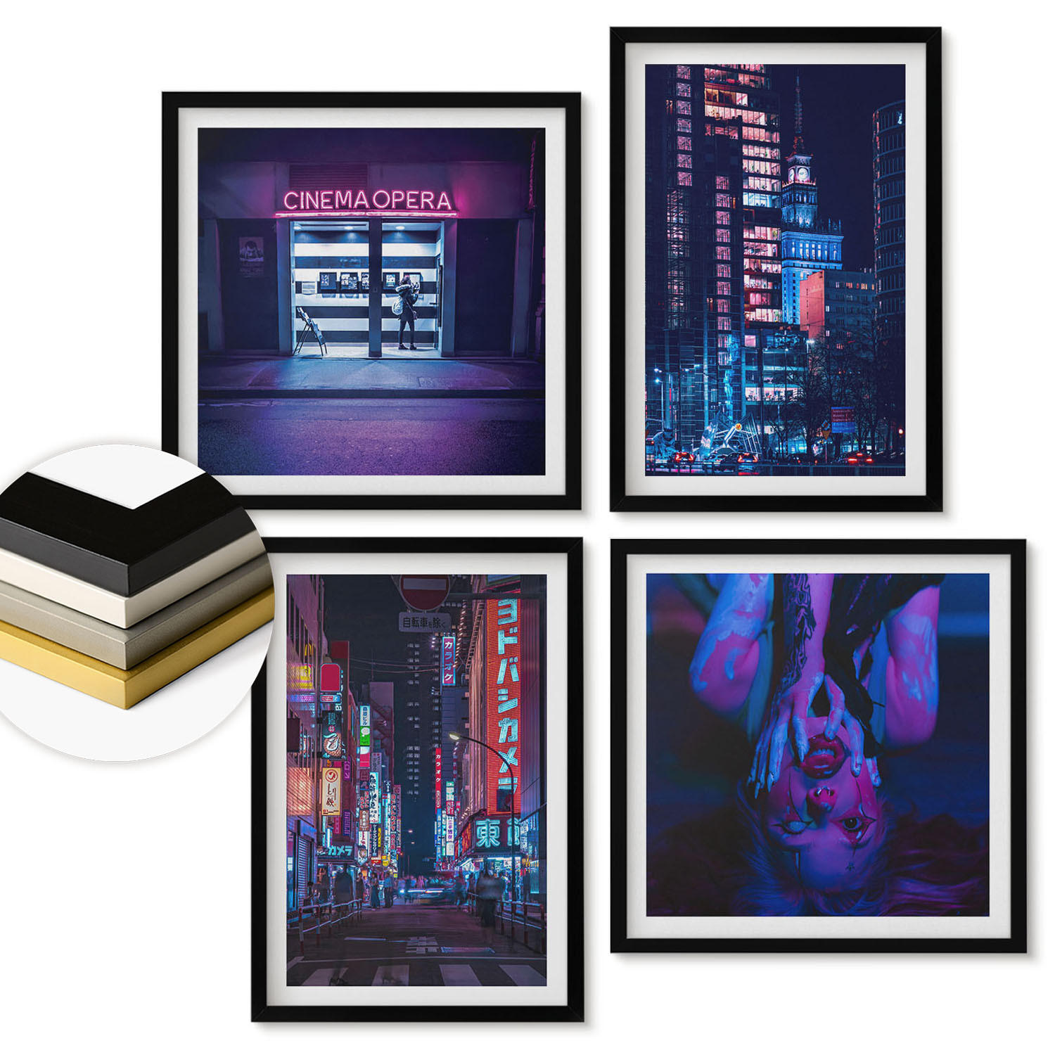 WANDBILDER 4er-Set - 50x50 cm & 40x60 cm Schwarzer Rahmen - Nachtstadt mit Neonlichtern - Schwarz, Kunststoff (50/50cm) - ArtPrintCave