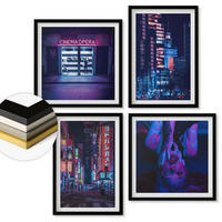 WANDBILDER 4er-Set - 50x50 cm & 40x60 cm Schwarzer Rahmen - Nachtstadt mit Neonlichtern - Schwarz, Kunststoff (50/50cm) - ArtPrintCave