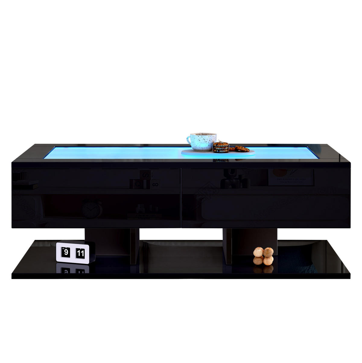 COUCHTISCH 100/50/35 cm mit 2 Schubladen, Glasplatte und LED-Beleuchtung in Hochglanz, Schwarz - Schwarz, Holzwerkstoff (100/50/35cm) - Redom