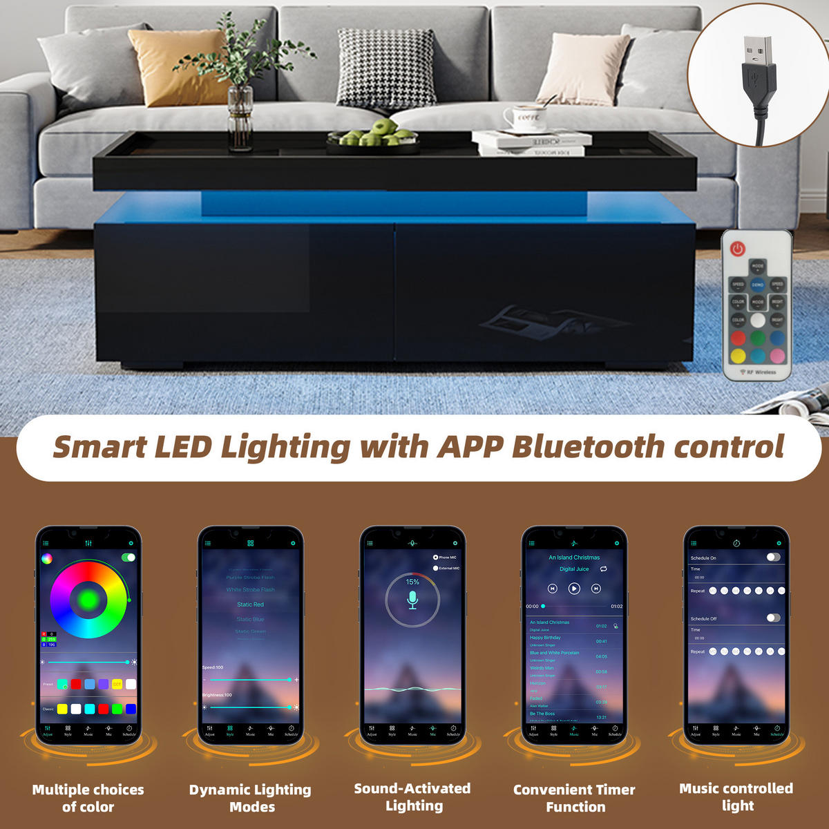 COUCHTISCH aus Spanplatte 95x45x35 cm Schwarz mit LED-Beleuchtung und 2 Schubladen - Schwarz, Holzwerkstoff (95/45/35cm) - IVMEU