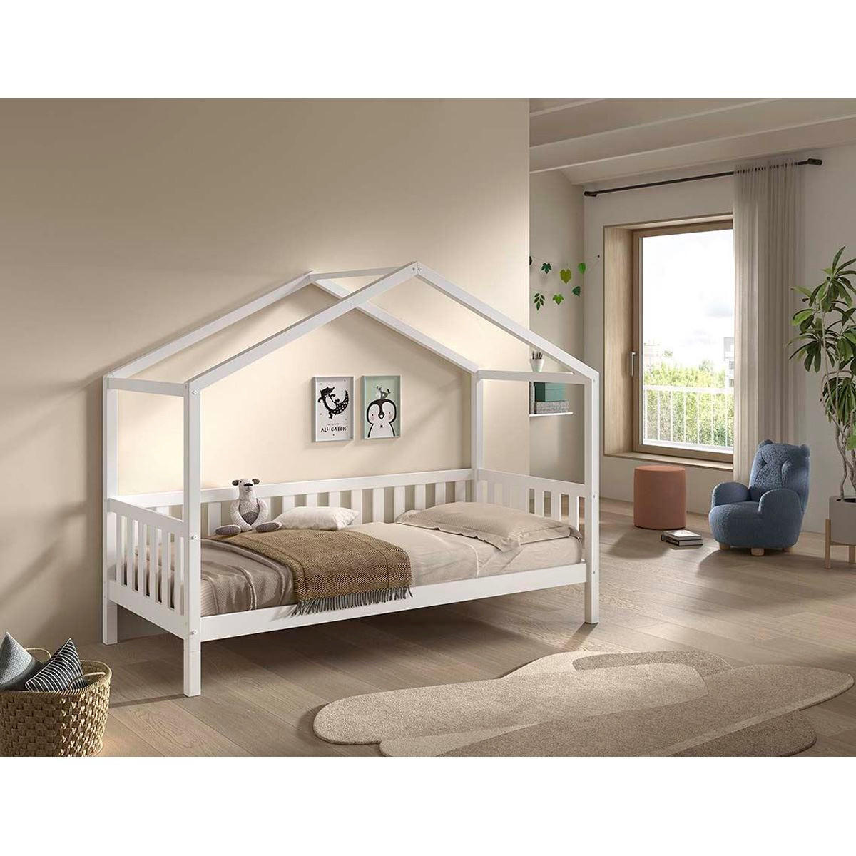 HAUSBETT Kapua 90x200 auch als Bodenbett Kiefer Massivholz Weiß - Weiß, Holz (90/200cm) - 58aufmkessel