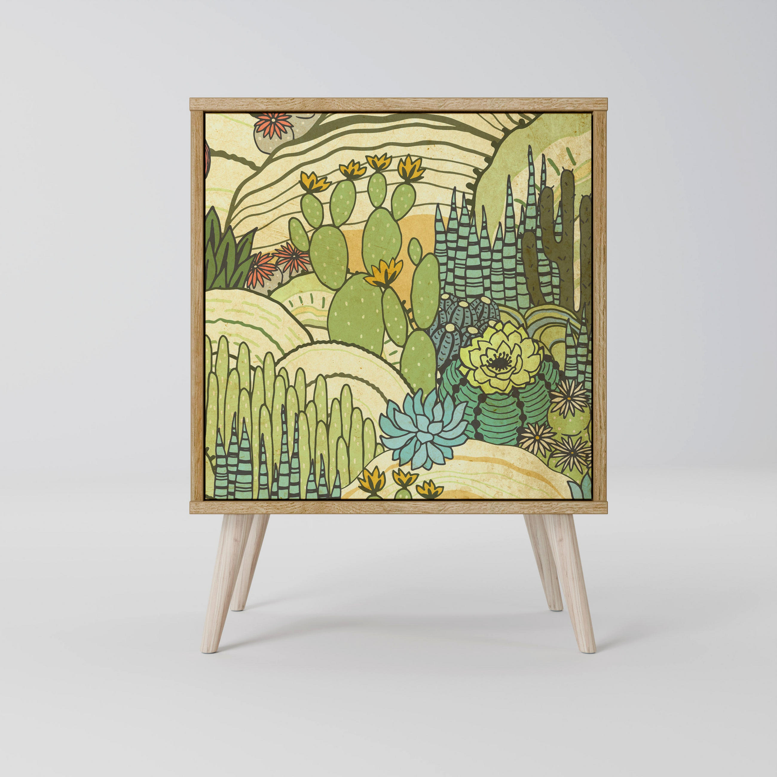 SIDEBOARD SUCCULENTS KALEIDOSCOPE, Eichefarben, 57,5x42x77,5 cm, Schräge Buchenholzfüße - Eichefarben/Buchefarben, Holzwerkstoff/Buchenholz (57.5/77.5/42cm) - SpaceRebels