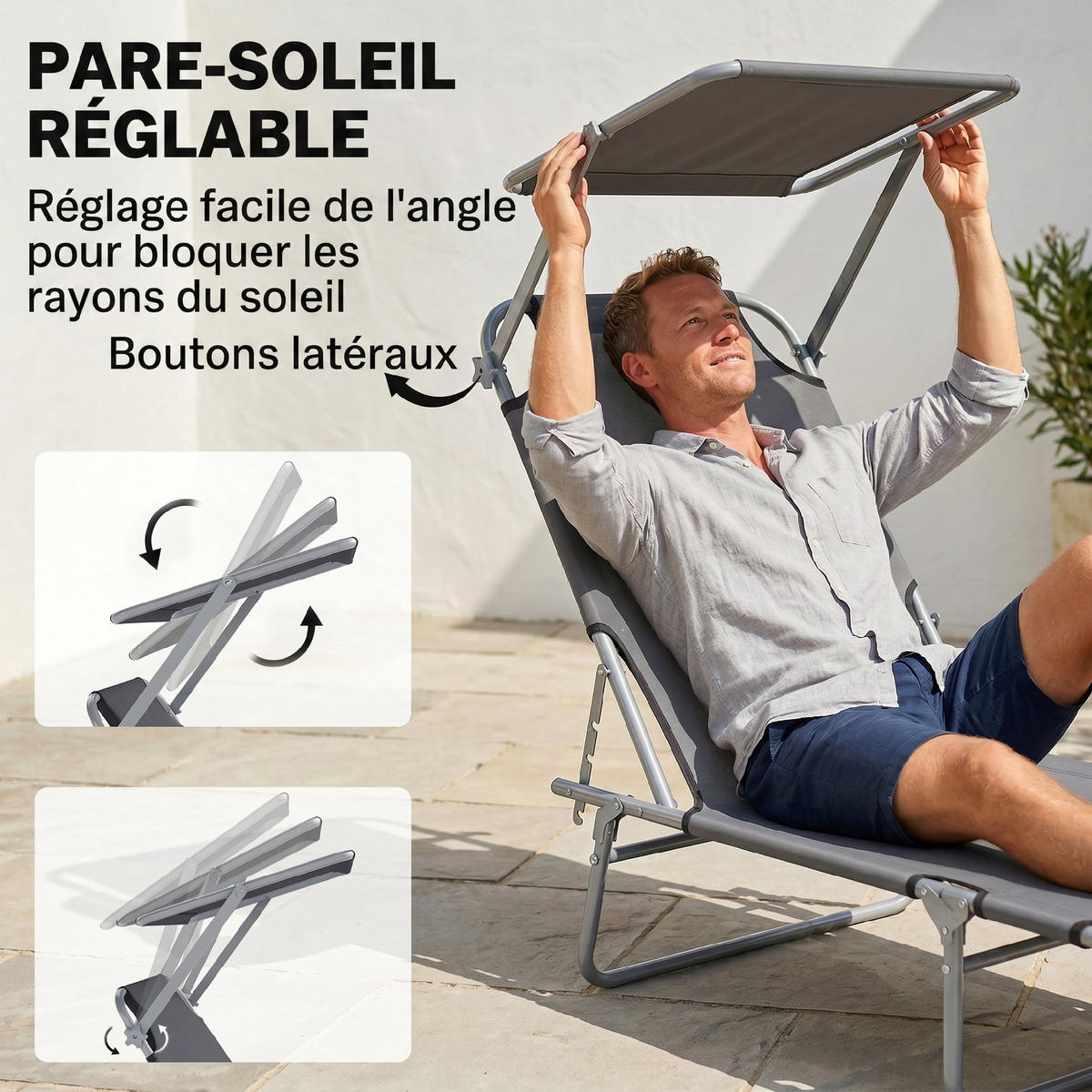 SONNENLIEGE DE-15715 mit Sonnenschirm Grau - Grau, Metall (58/36/187cm) - ComfortXL