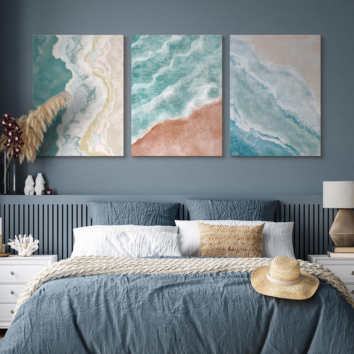 LEINWANDBILDER 3-er Set Strand Meer - Türkis/Blau, Textil (90/40cm) - Muralo
