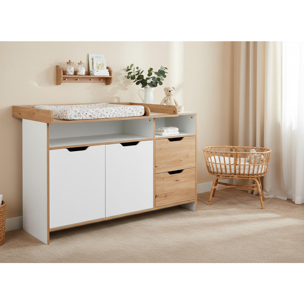 Thumbnail - arthur berndt Xxl-Wickelkommode, Eiche Artisan, Weiß, Keramik, 1 Fächer, 2 Schubladen, 150x101x79 cm, Blauer Engel, Herg...