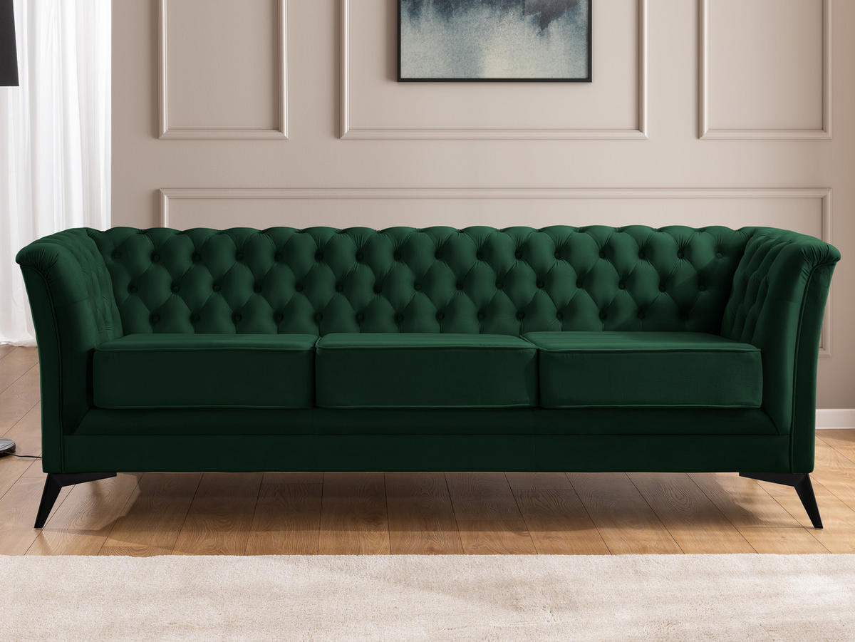 SITZGARNITUR 3+1 Chesterfield Whitby Flasche Grün Samt mit schwarzen Füßen - Dunkelgrün/Schwarz, Holz/Textil (237/78/82cm) - S-Style Möbel
