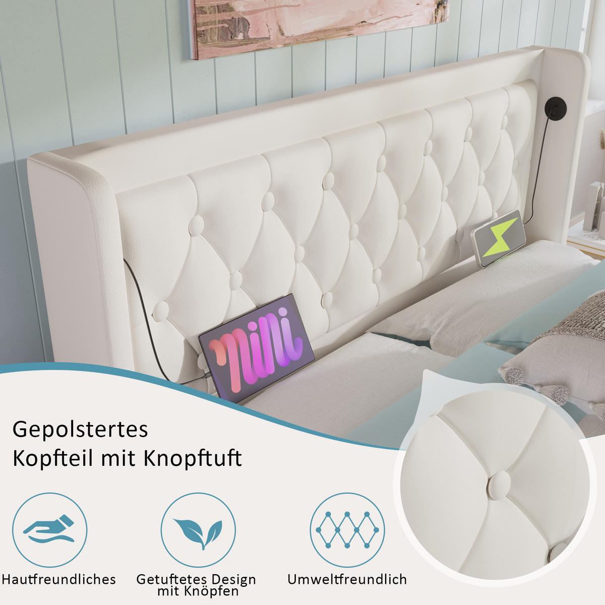 POLSTERBETT 160/200 cm in Weiß mit USB-Typ-C-Ladeanschluss und dreiseitiger LED-Beleuchtung - Weiß, Leder (160/200cm) - Oxeza