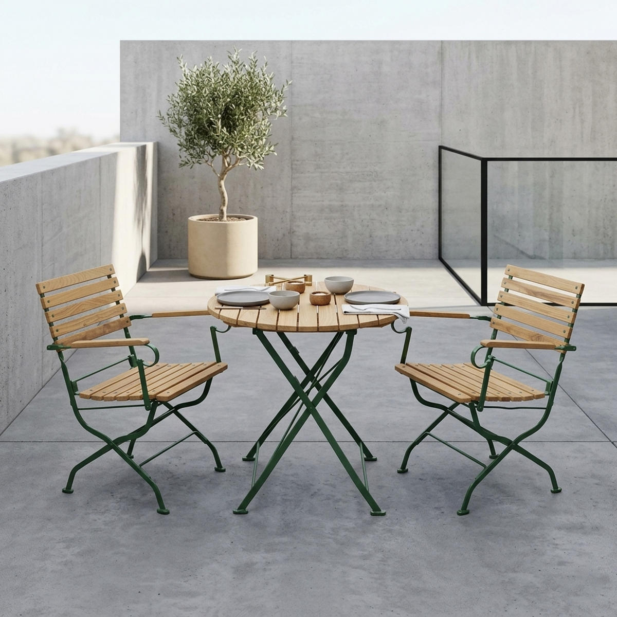 SITZGRUPPE Bad Belzig 3-teilig, Gartenset für 2 Personen - GartenSitzgruppe - Flachstahl - Robinienholz dunkelgrün - Grün, Holz - TPFGarden