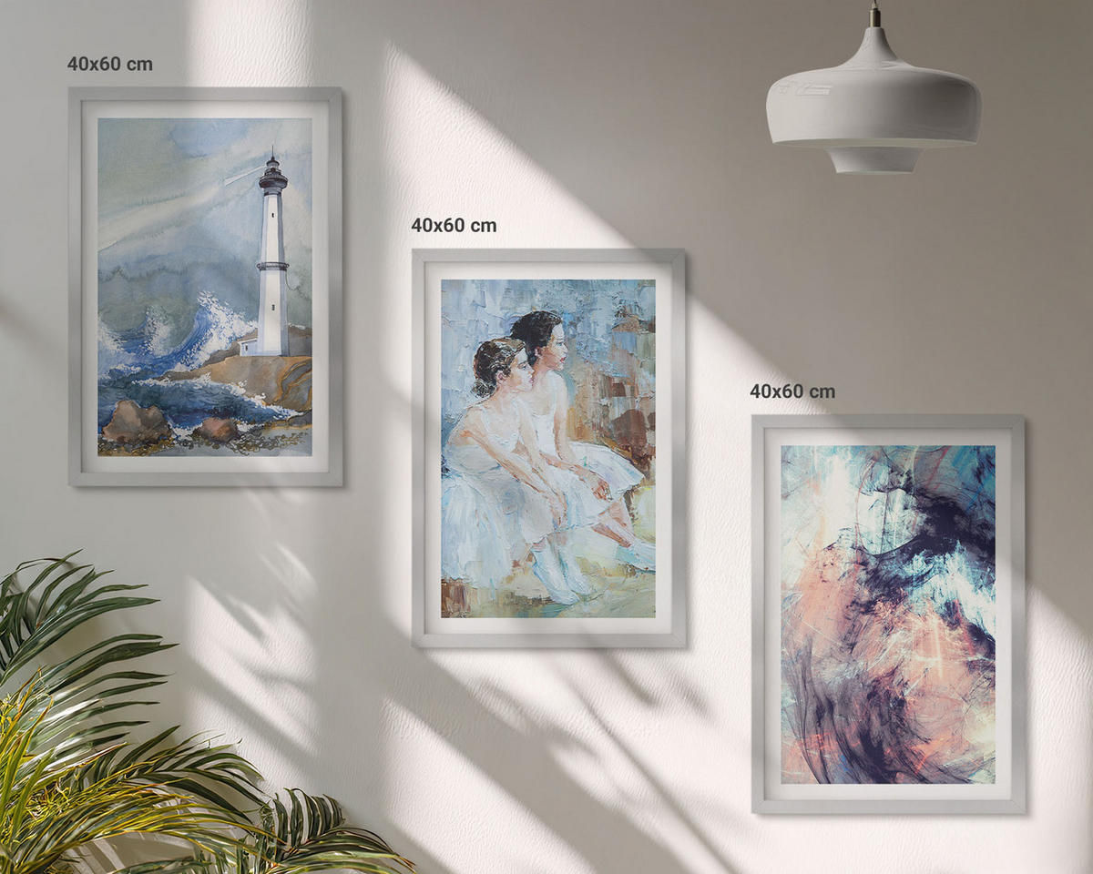 BILDER SET 3er Set - 40x60 cm Silberner Rahmen - Leuchtturm-Abstrakte Tänzerin - Silberfarben, Kunststoff (40/60cm) - TULUP
