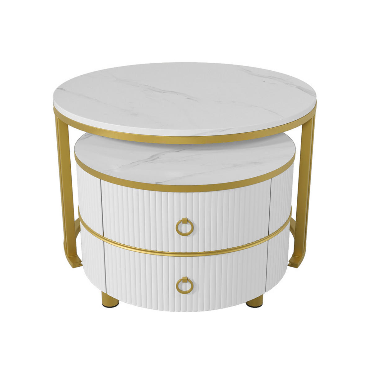 COUCHTISCH 2-in-1 Rund Hochglanz 2 Schubladen Weiß Marmoroptik - Weiß, Holz (81.5/78.5/14cm) - FLIEKS