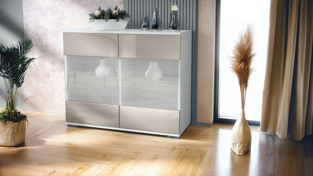 KOMMODE Bari Sandgrau Hochglanz - Sandfarben, Holzwerkstoff (92.5/75.5/35cm) - Vladon