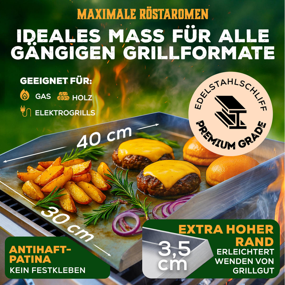 SET PLANCHA GRILLPLATTE Edelstahl inkl. 2 Grillspachteln & Ölflasche - 30x40 cm - Edelstahlfarben, Metall (30/40cm) - Blumtal