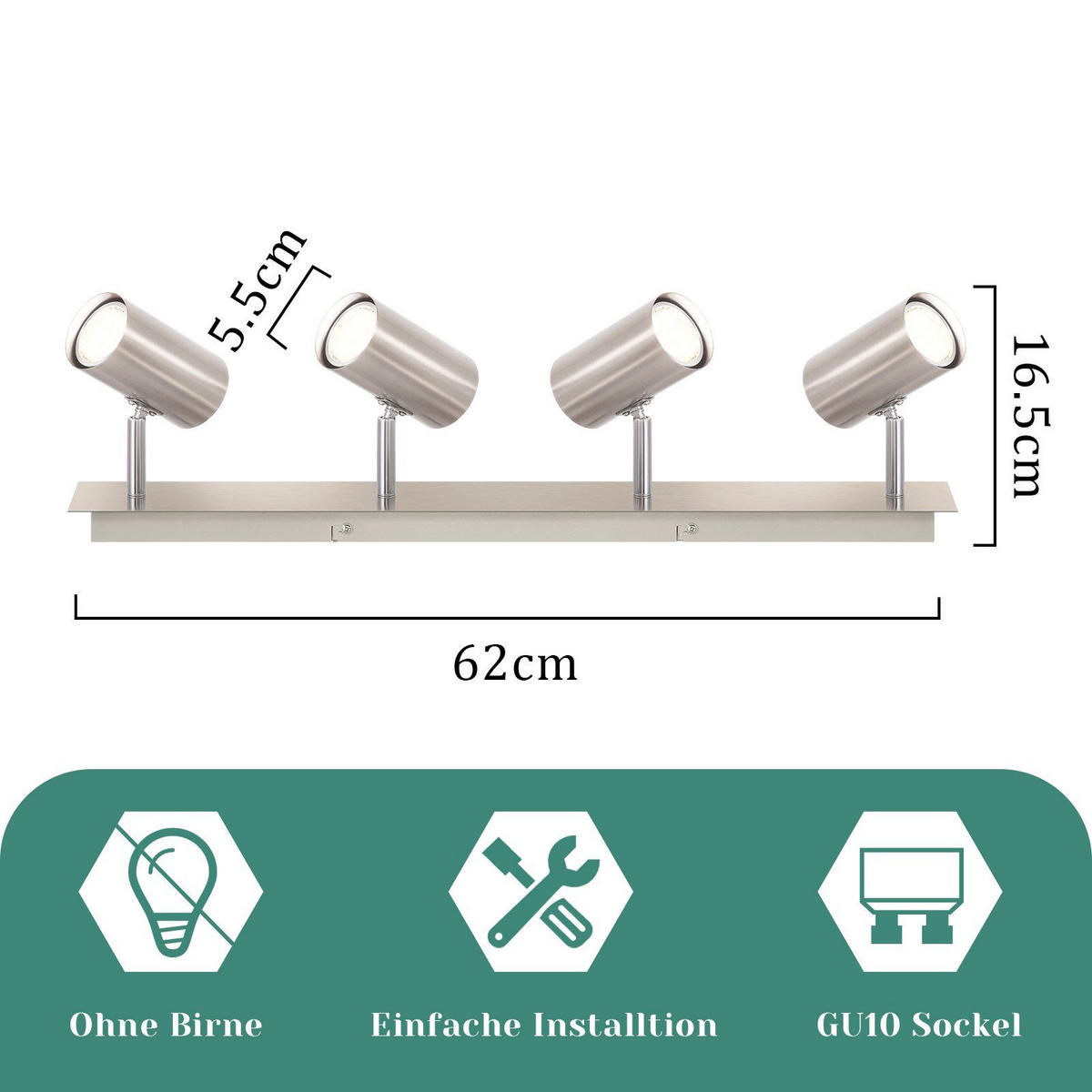 STRAHLER Ingrid 4-flammig 62/6/17 cm - Silberfarben, Metall (62/6/17cm) - Nettlife