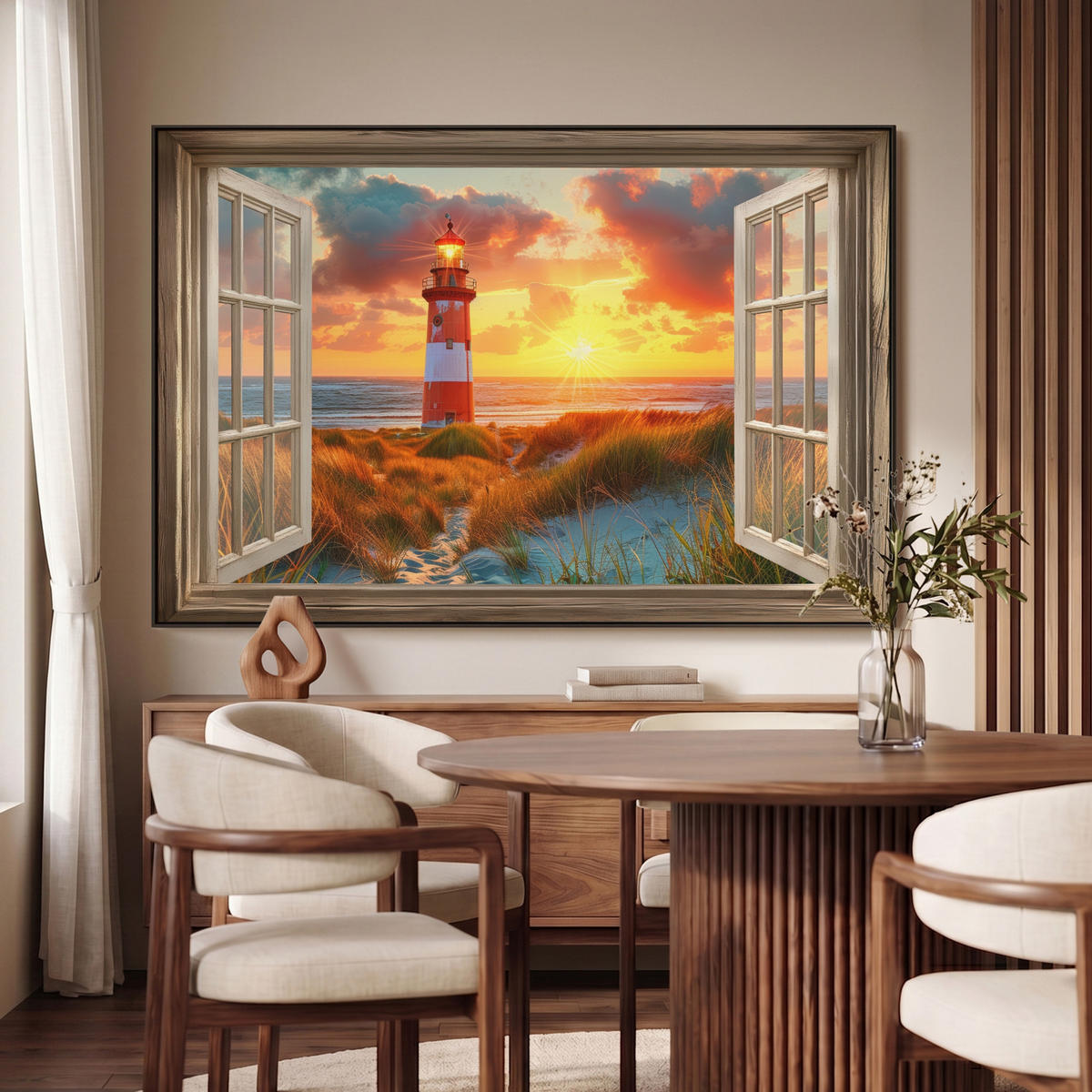 LEINWAND Bilder mit Rahmen - Aussicht - Fenster - Leuchtturm - Sonnenuntergang - Strand - 120x80 - Dunkelorange, Textil (120/80cm) - MuchoWow
