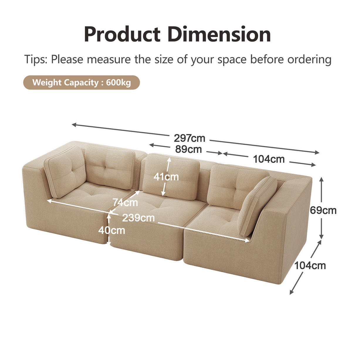 ECKSOFA modular mit tiefer Sitzfläche Cord Beige - Beige, Kunststoff (104/69/297cm) - Meubliv