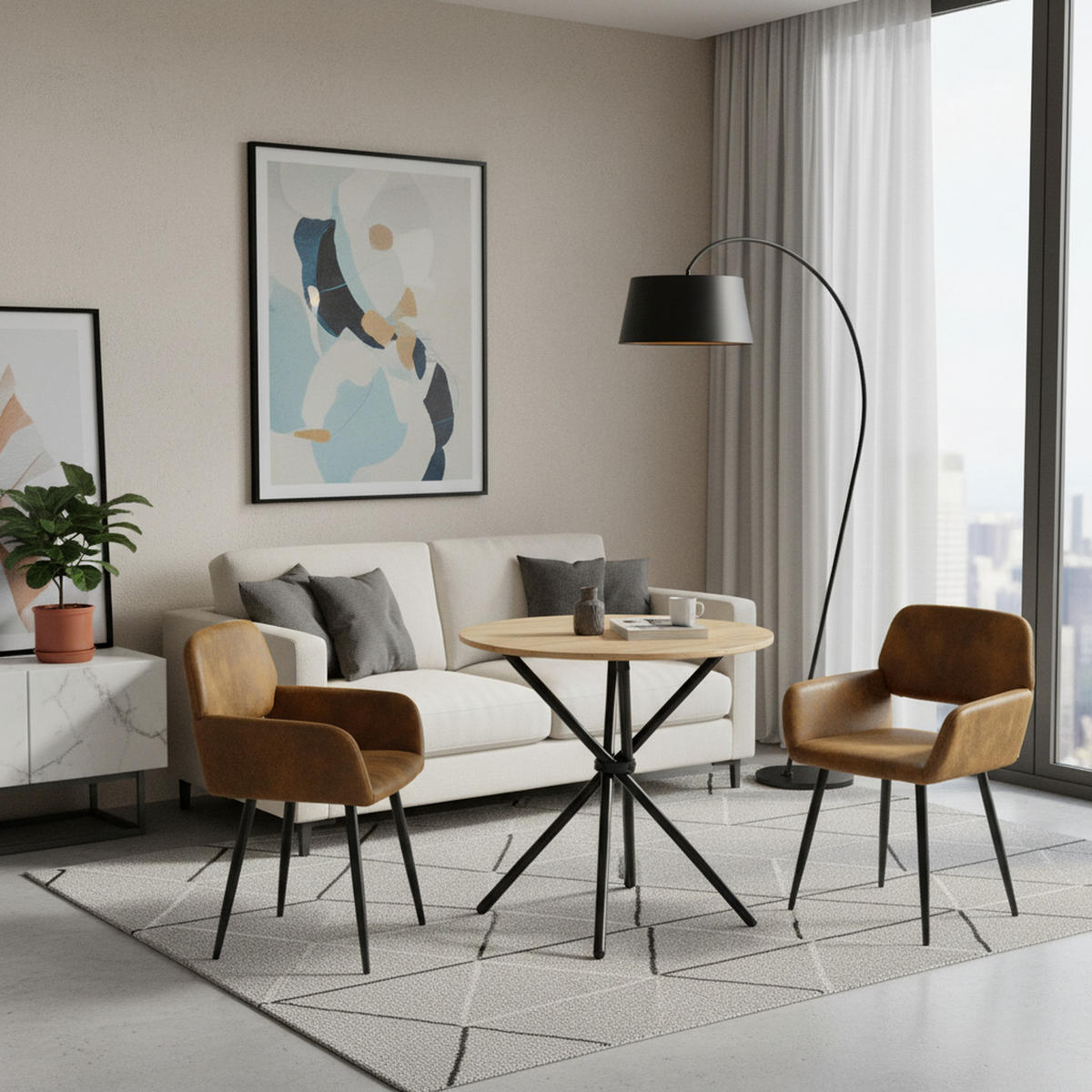 ESSZIMMER SET – 1 Tisch + 2 Stühle – Holzoptik & Wildleder - Braun, Holzwerkstoff/Metall (80/75/80cm) - Urban Meuble