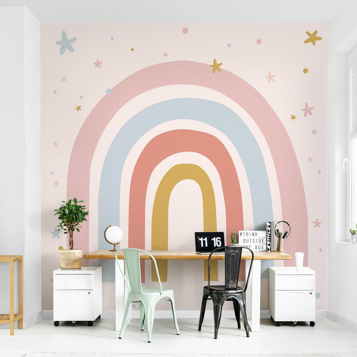 FOTOTAPETE Großer Regenbogen mit Sternen und Pünktchen 240/240 cm - Pastellblau, Papier (240/240cm) - Bilderwelten