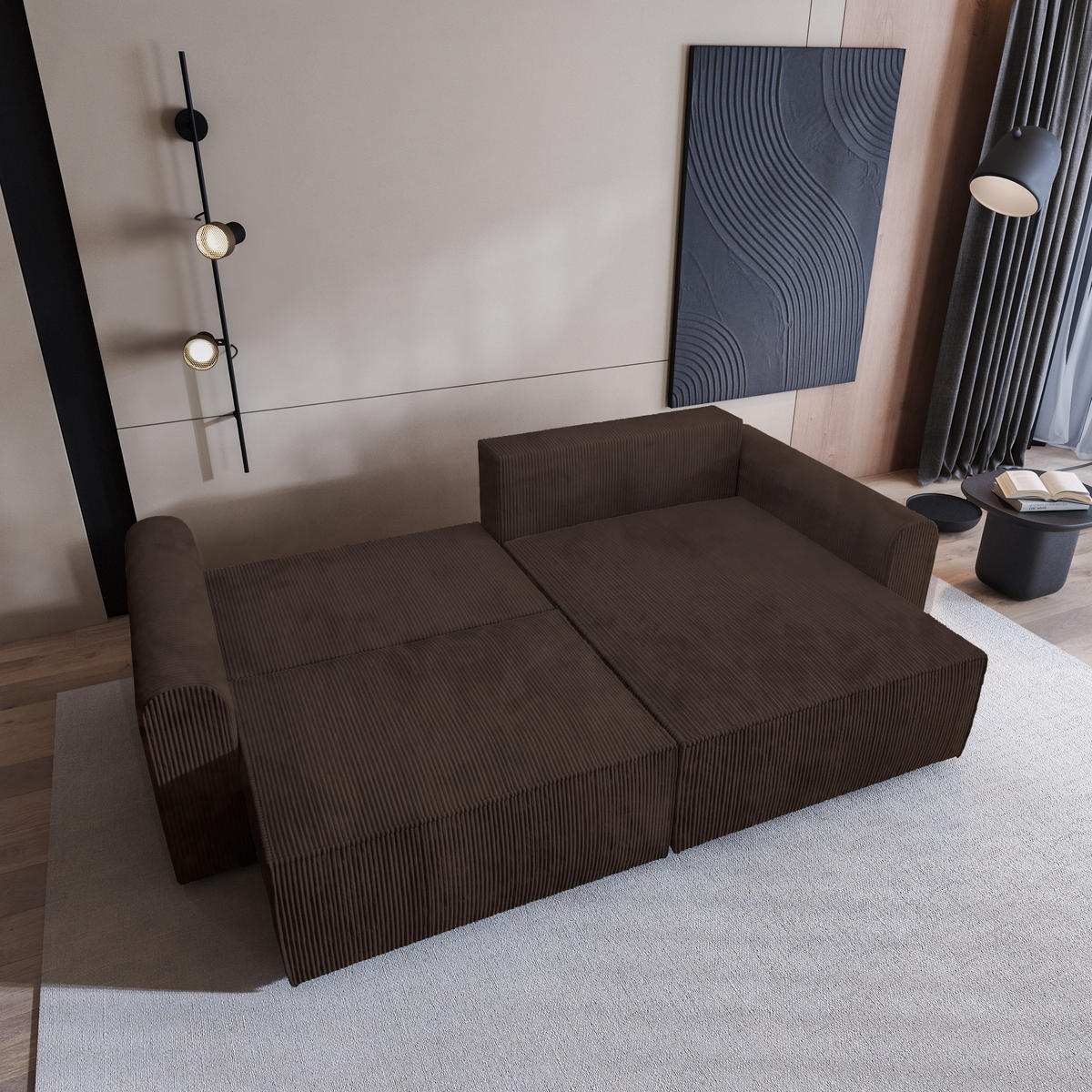 ECKSOFA FIANO P Braun Kordstoff mit Schlaffunktion - Braun, Holz (245/148cm) - MASSENO