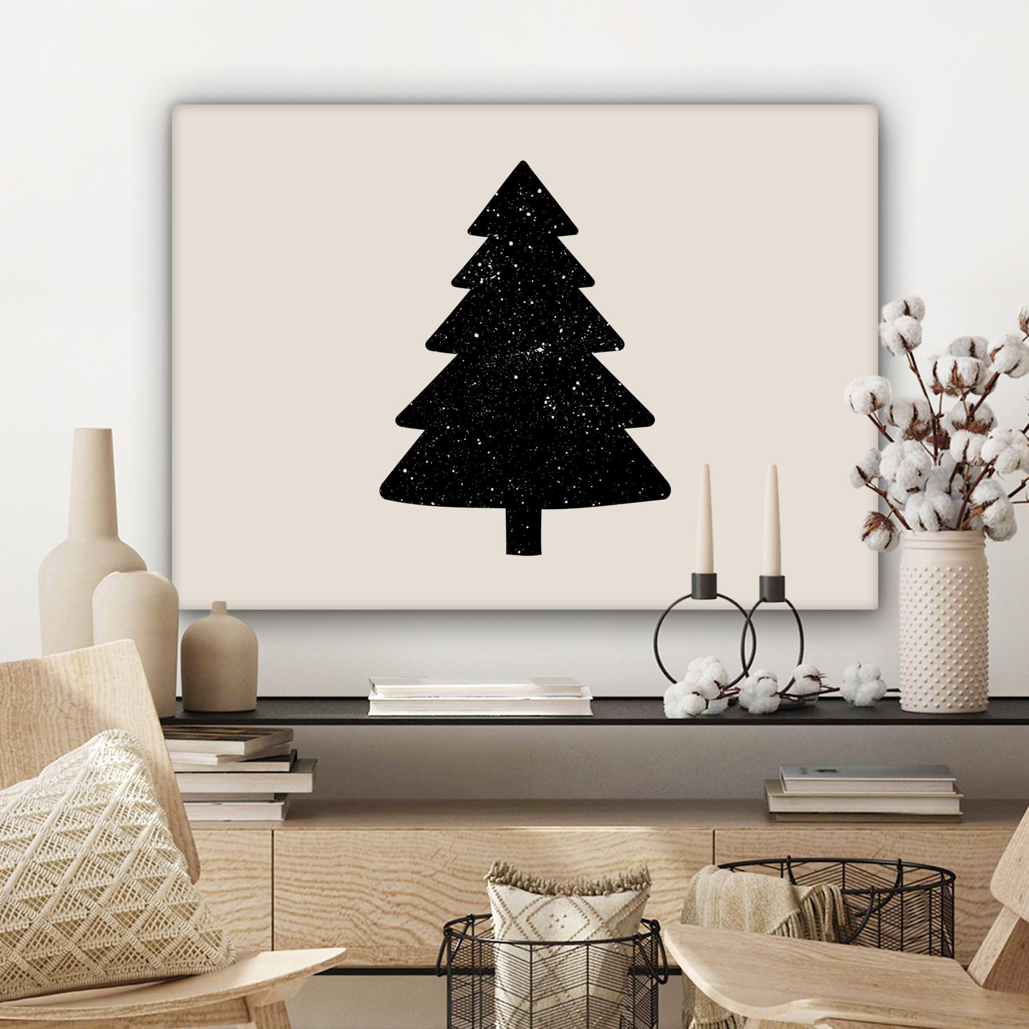 LEINWANDBILD Weihnachtsbaum - Schwarz - Urlaub - Beige Wandbilder 80x60 cm - Schwarz, Textil (80/60cm) - MuchoWow