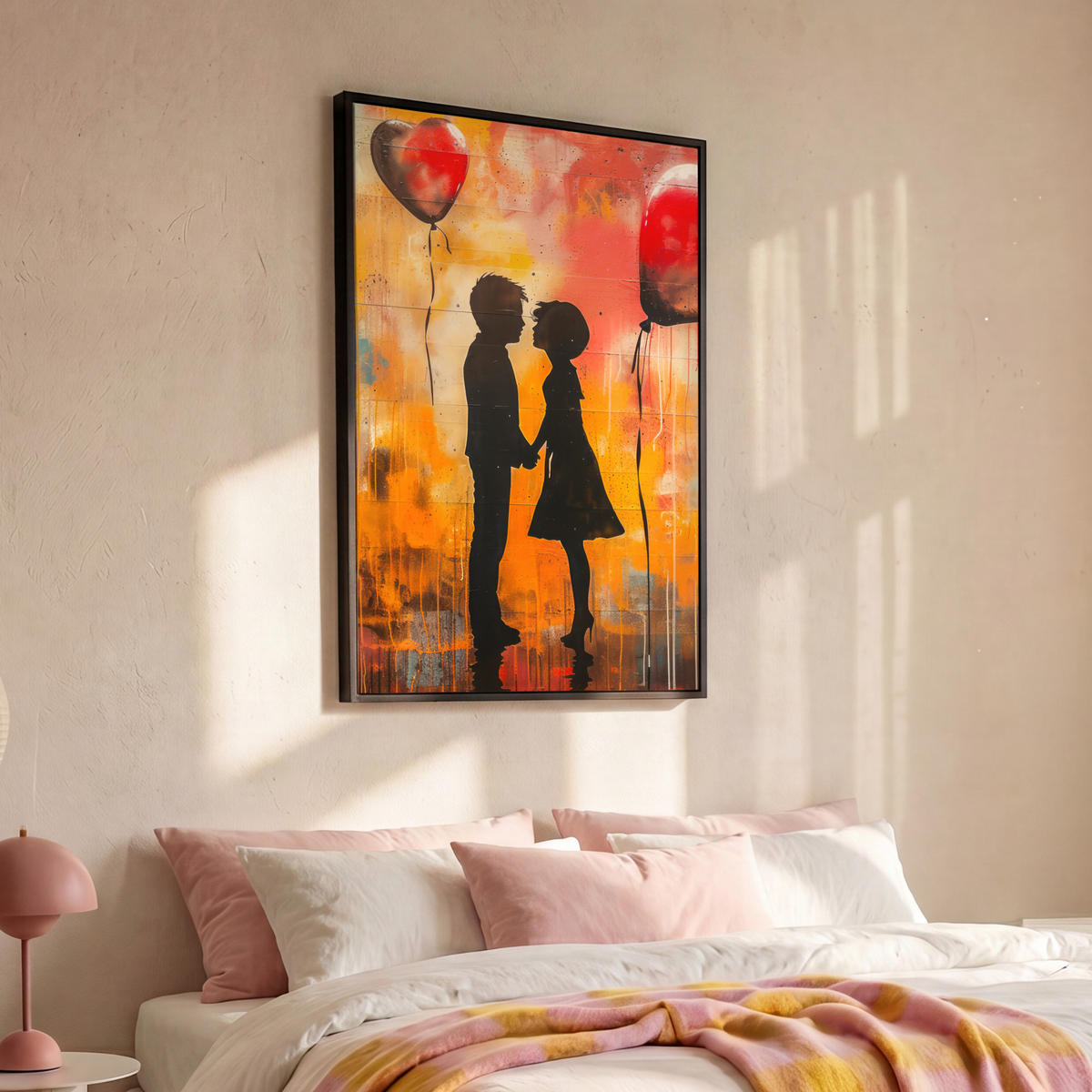LEINWAND Bilder mit Rahmen - Straßenkunst - Liebe - Graffiti - Kunst - Banksy - 100x150 - Orange, Textil (100/150cm) - MuchoWow