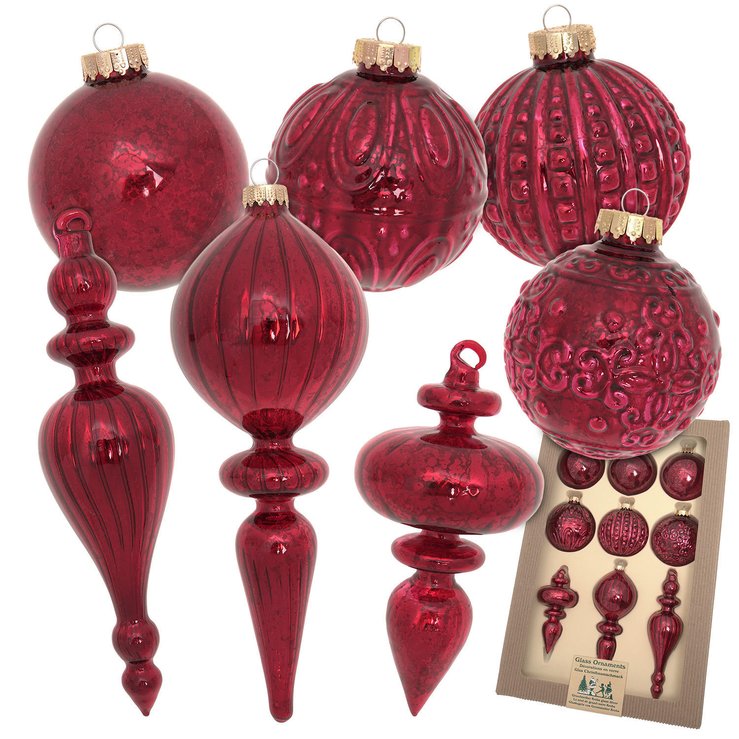 CHRISTBAUMSCHMUCK Romantikformen Antik Rot 19cm (Glas / 9 Stk.) - Rot, Glas (8/19/8cm) - Krebs Glas Lauscha