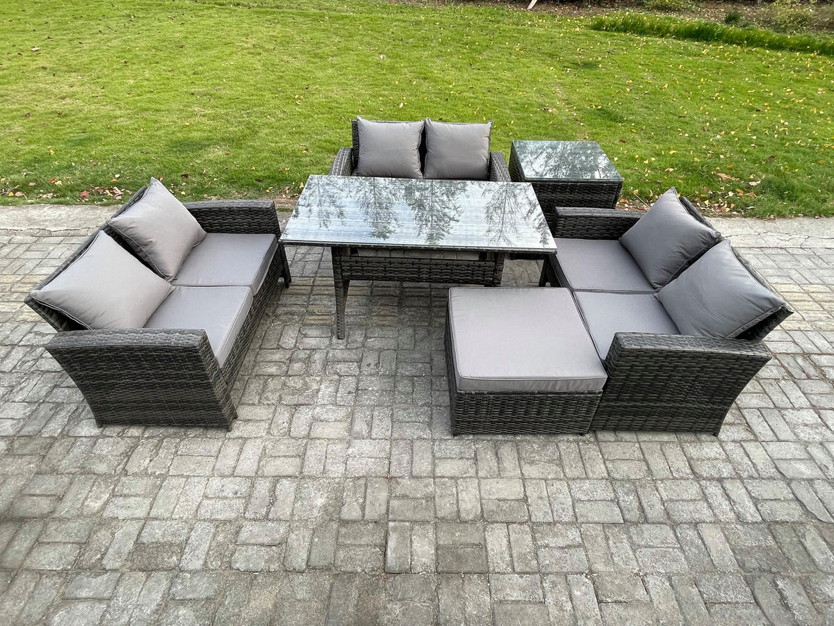GARTENMÖBELSET mit Zweisitzer,Esstisch,Hocker,Beistelltisch Polyrattan Dunkelgrau 7-Sitzer - Dunkelgrau/Grau, Glas/Kunststoff - Fimous