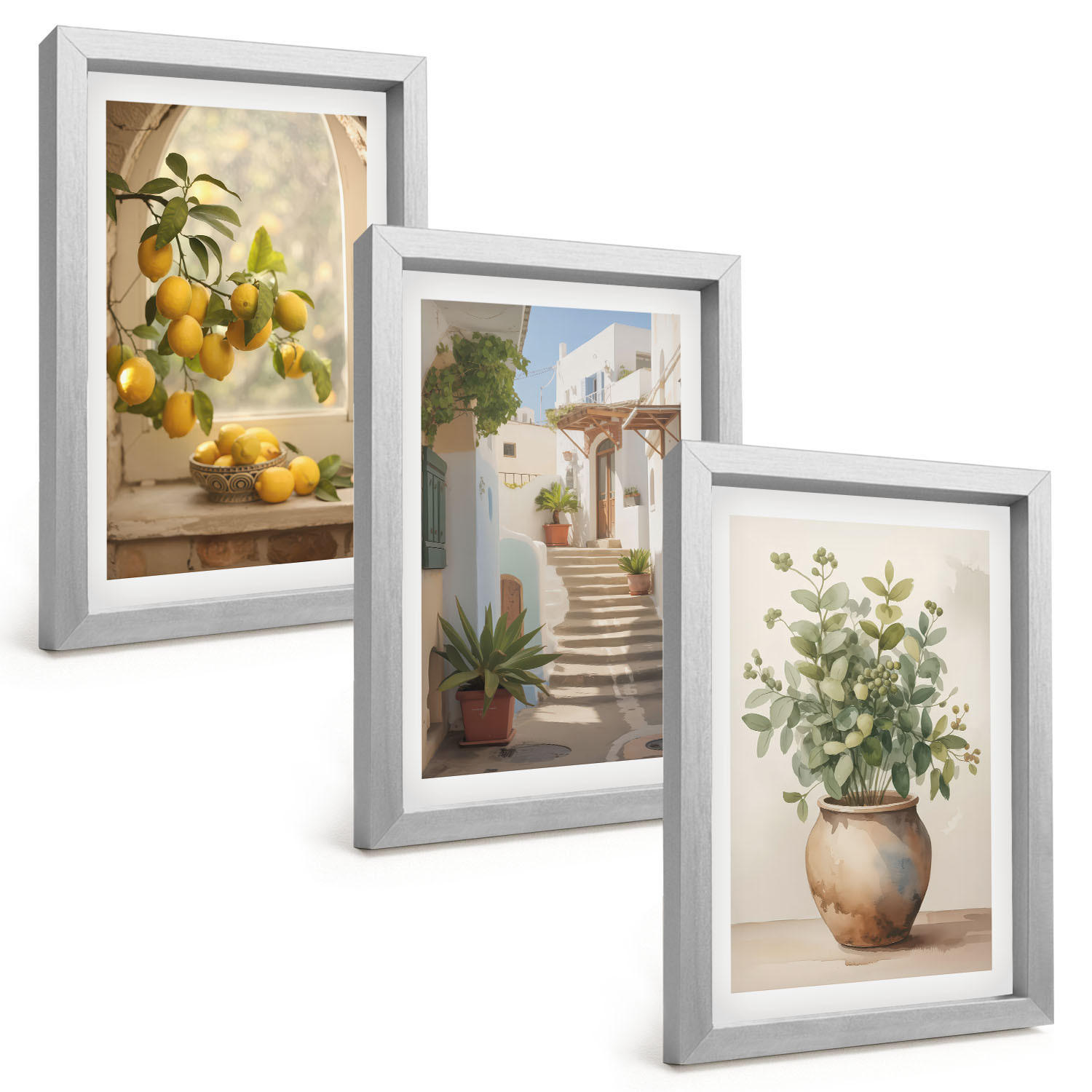 BILDER SET 3er Set - 20x30 cm Silberner Rahmen - Zitronen in einer Pflanzenvase - Silberfarben, Kunststoff (20/30cm) - TULUP