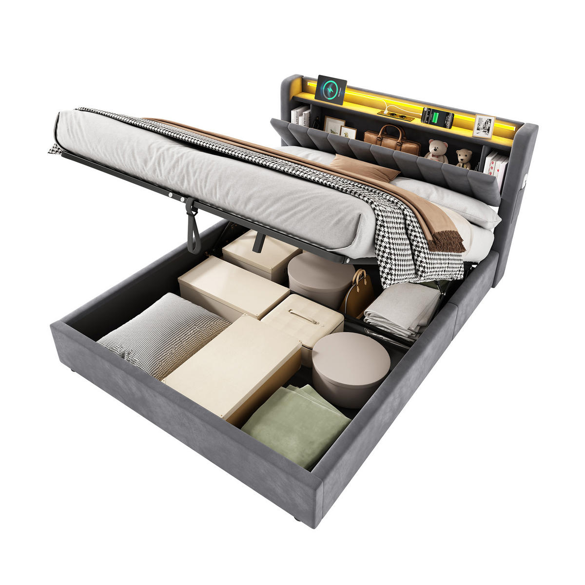 POLSTERBETT 140/200 cm Grau mit LED-Lichtleiste und USB-Anschlüssen - Grau, Holzwerkstoff (140/200cm) - OKWISH