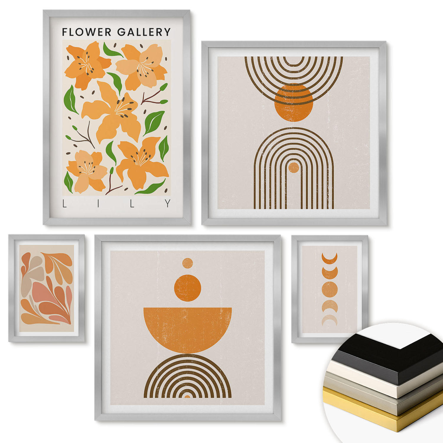 WANDBILDER 5er Set - 50x50 cm & 20x30 cm & 40x60 cm Silberner Rahmen - Abstrakte orange Formen - Silberfarben, Kunststoff (40/60cm) - ArtPrintCave