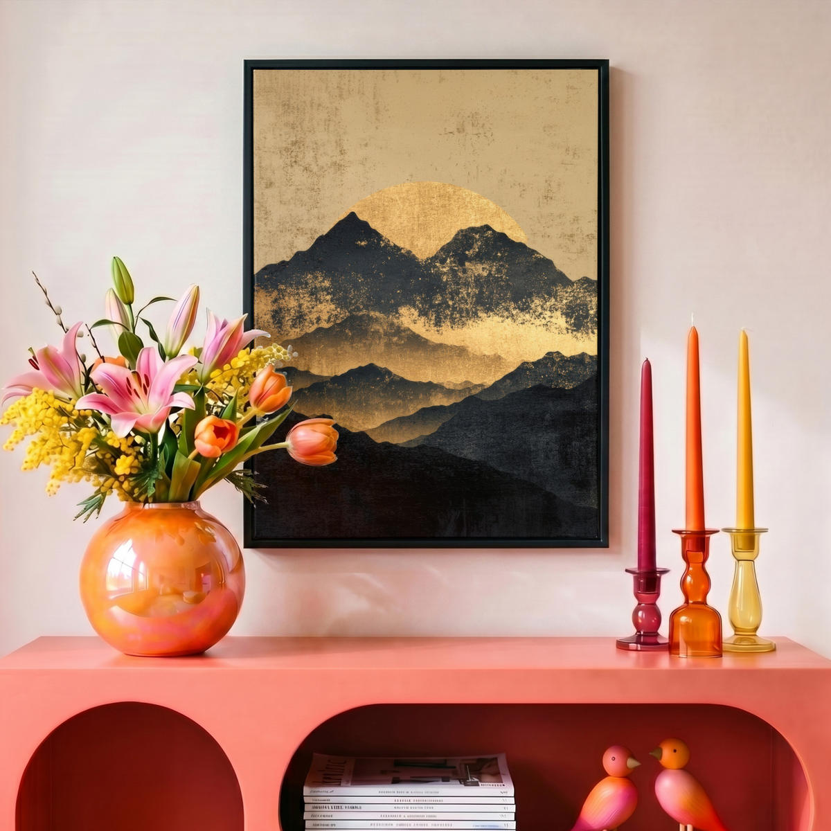 LEINWAND Bilder mit Rahmen - Goldene Berge bei Mondschein - 30x40 - Goldfarben, Textil (30/40cm) - MuchoWow