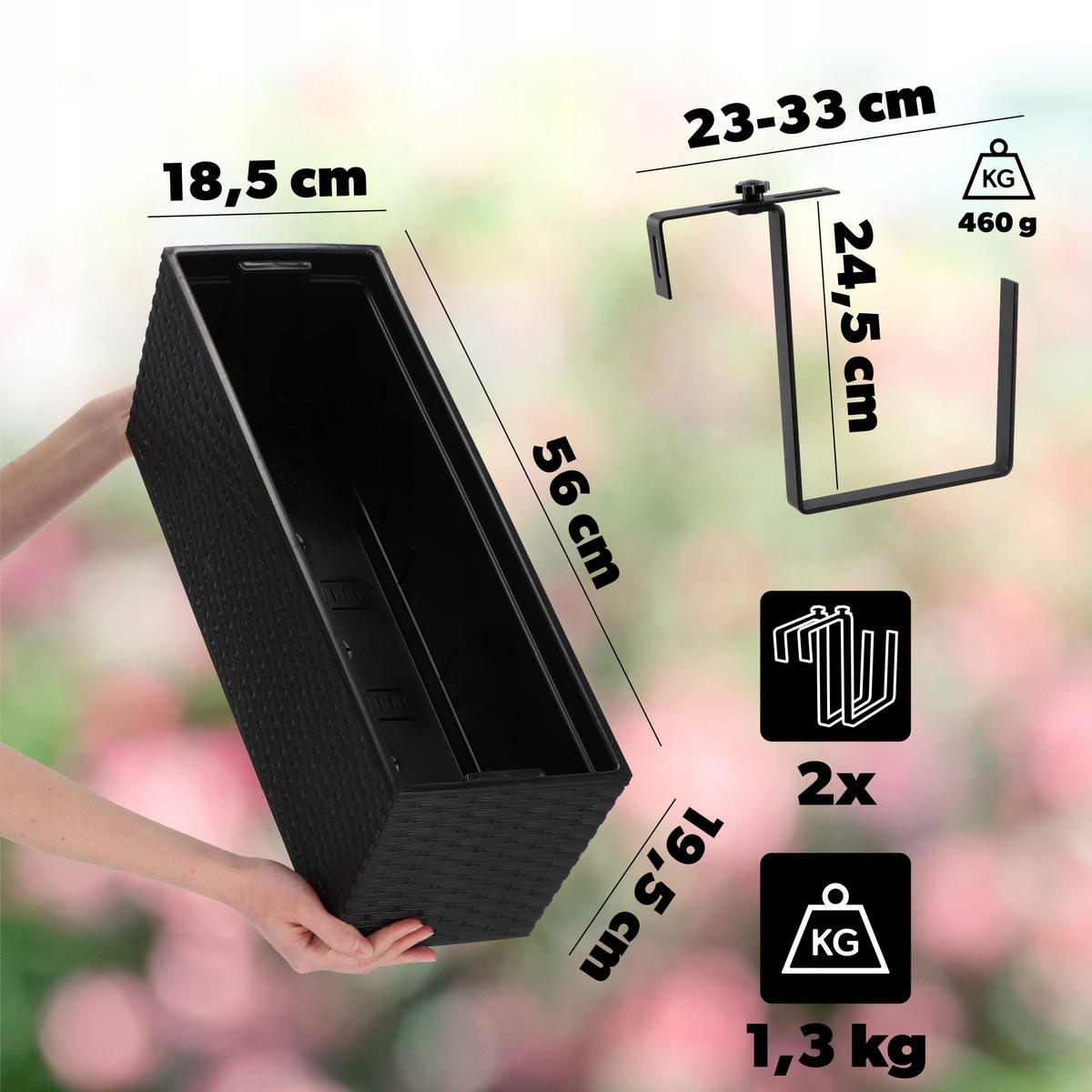 BLUMENKASTEN mit Einsatz und 2 Griffe 56 cm, Schwarz - Schwarz, Kunststoff (18/56cm) - KADAX