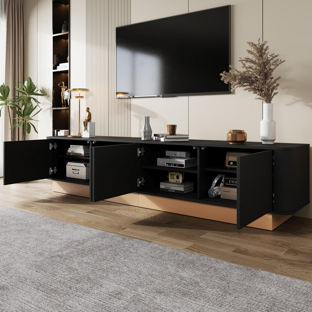 TV-LOWBOARD 200 cm geriffelt 4 Türen - Schwarz, Holz (200/47.5/40cm) - LEBENLANG