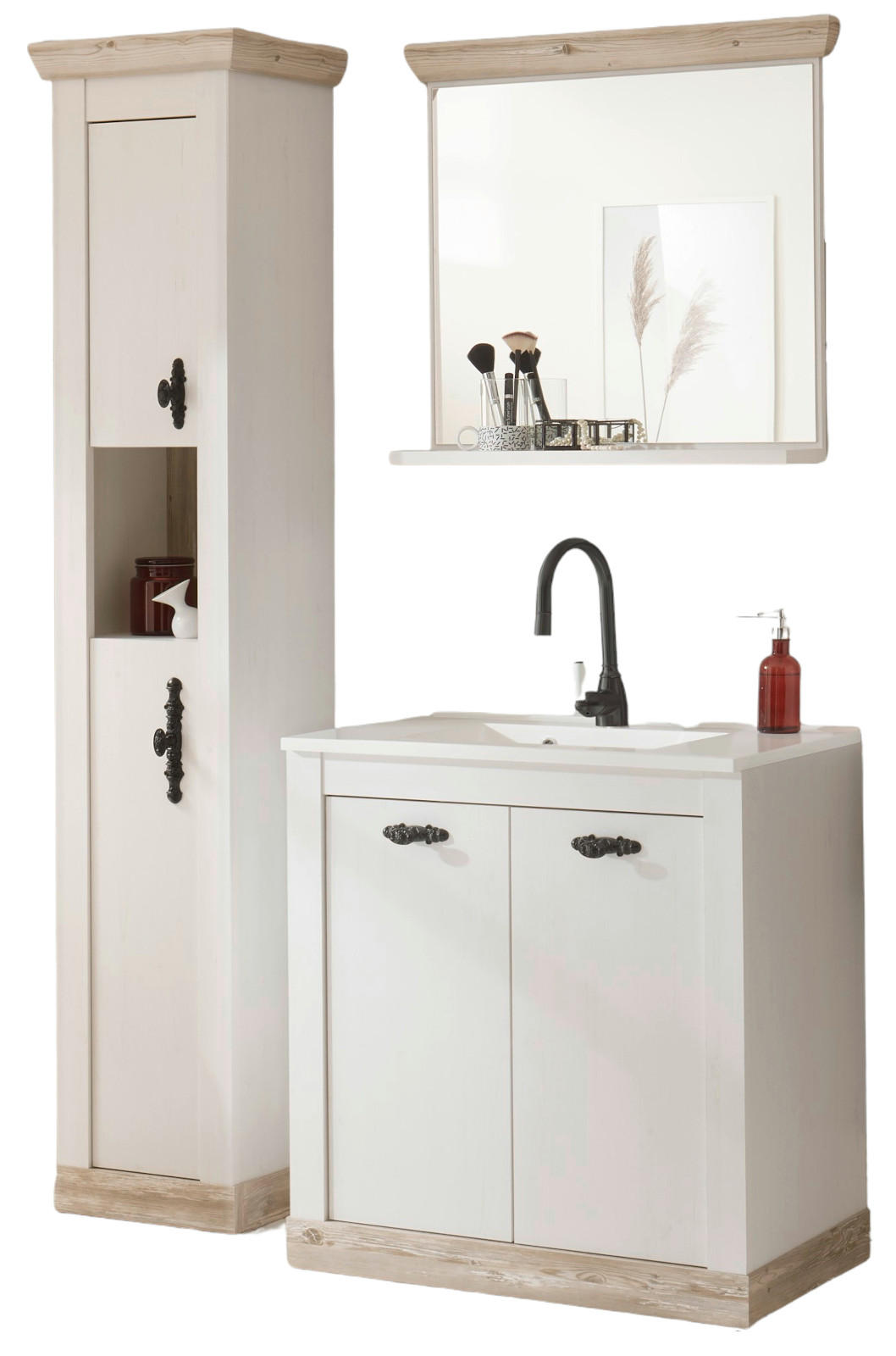 BADKOMBINATION Pinie weiß, Oslo Pinie, Landhaus Badmöbel Set 4-tlg. MIT Waschbecken 143 x 200 cm - Dunkelgrau/Weiß, Holzwerkstoff/Metall (143/200/46cm) - Furn.Design