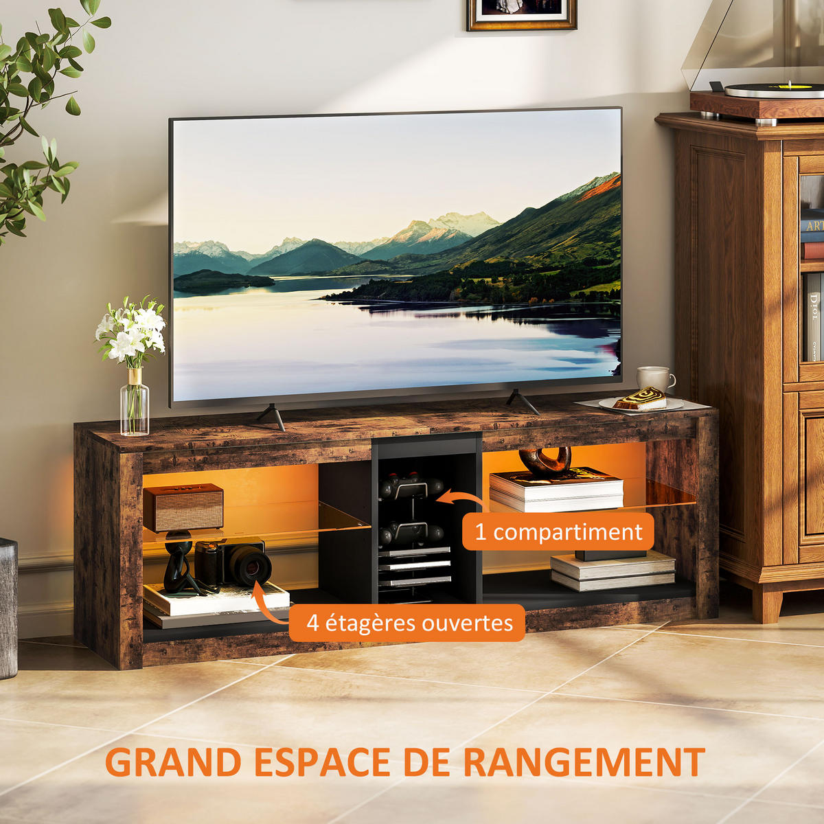 TV-LOWBOARD Braun 140/35/47 cm, LED-Beleuchtung, Glasböden - Braun, Holzwerkstoff (140/47/35cm) - PANGIVO