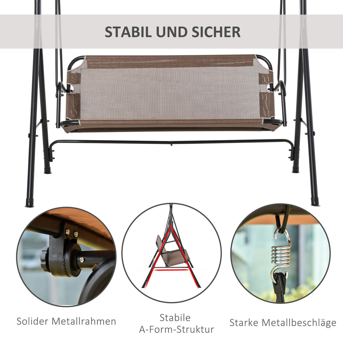HOLLYWOODSCHAUKEL, Metall, Texteline, Braun - Braun, Metall (110/155/172cm) - Outsunny