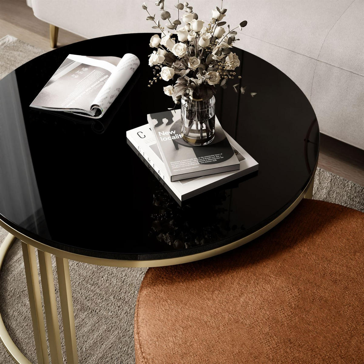 COUCHTISCH mit Hocker LORI Hochglanz gebürstetes Gold/Schwarz glänzend/Perfect Harmony 52 - Schwarz, Metall (70/70/49cm) - Lookway