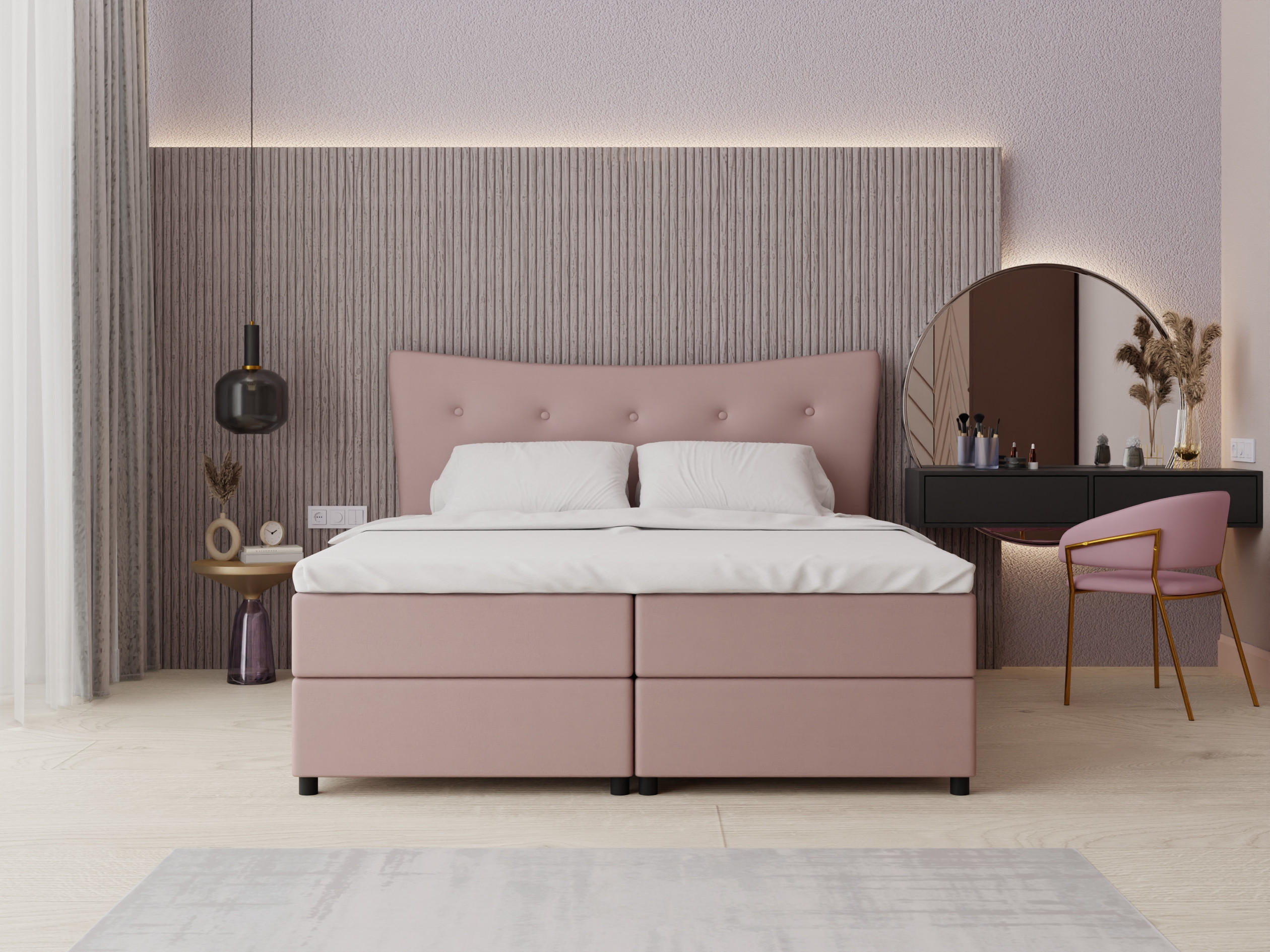 BOXBETT Nevada 180 x 200 cm Doppelbett mit hochwertiger Bonell-Matratze und Topper - rosa - Rosa, Holz (180/200cm) - Panda Möbel