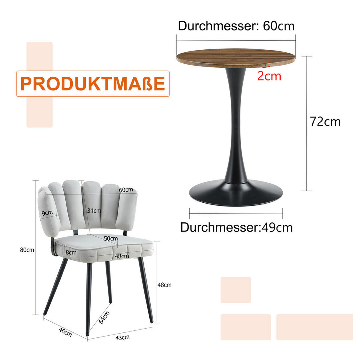 TISCHGRUPPE 3-tlg Rund 60cm MDF Tisch Schwarz 2 Samtstühle Hellgrau - Grau, Metall (73.5/21.5/76cm) - Raelunyi