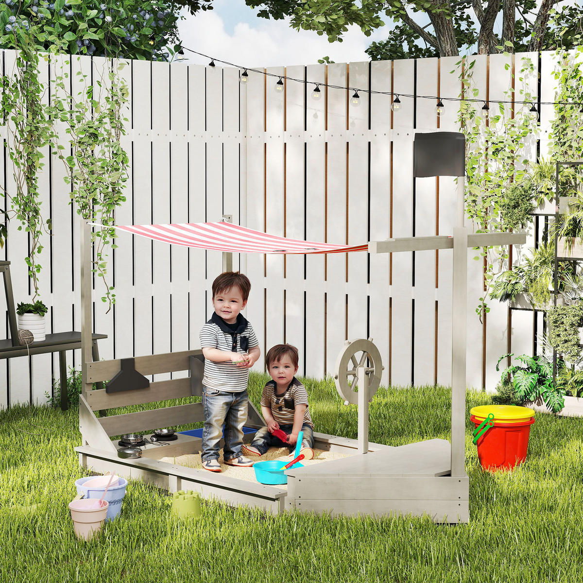 SANDKASTEN Sandkiste groß mit Abdeckung im Schiff Design Matschekiste aus Holz - Grau, Holz (180/103/144.5cm) - Outsunny