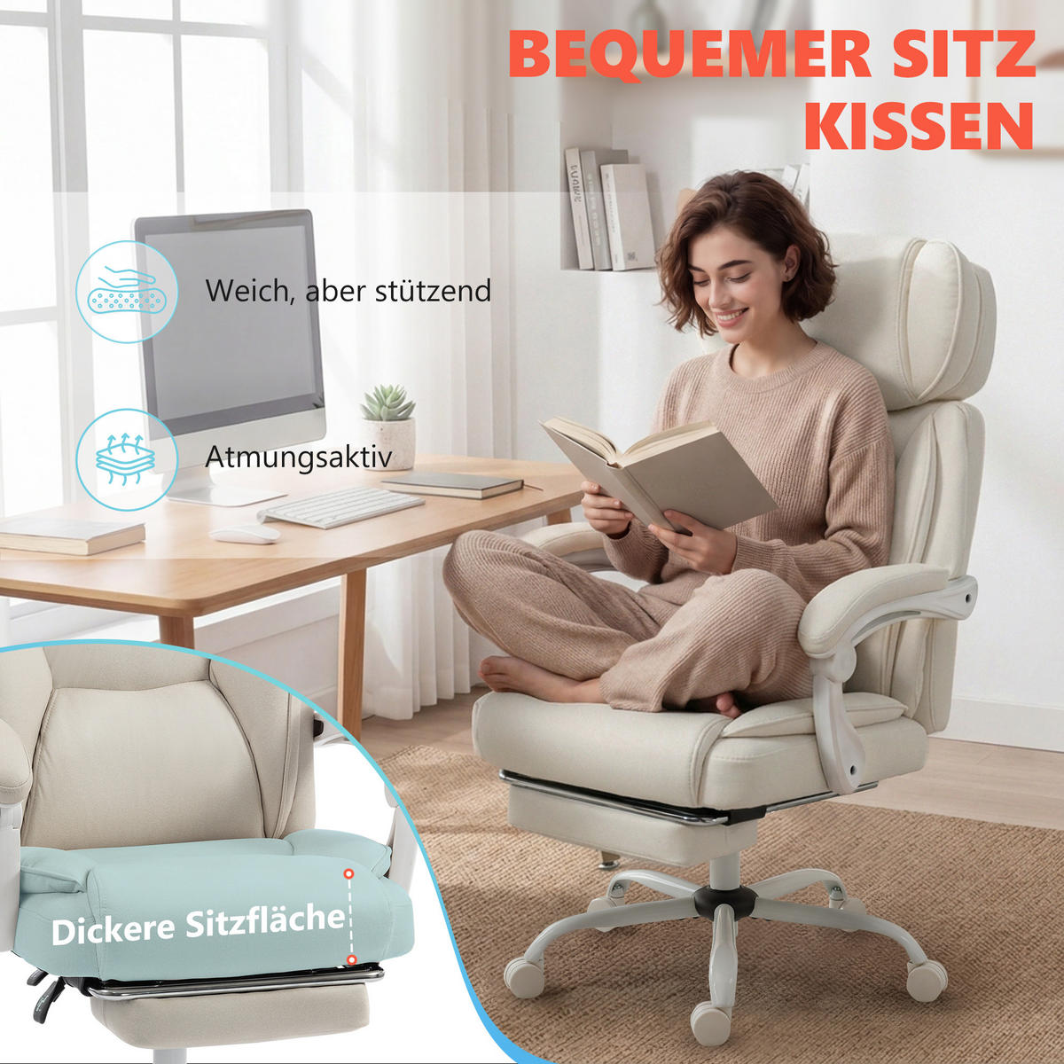DREHSTUHL Massage Hochlehner Vibration Heizung neigbar Fußstütze Cremeweiß - Weiß, Textil (75.5/122.5/70cm)