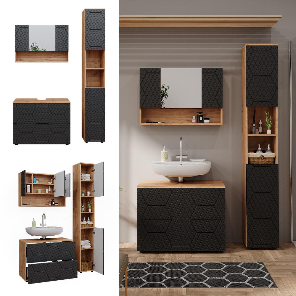 BADMÖBEL-SET Irma Anthrazit gestreift 3 Teile mit Spiegelschrank 80 cm - Honigeiche/Anthrazit, Holzwerkstoff (80/58.6/41cm) - Vicco