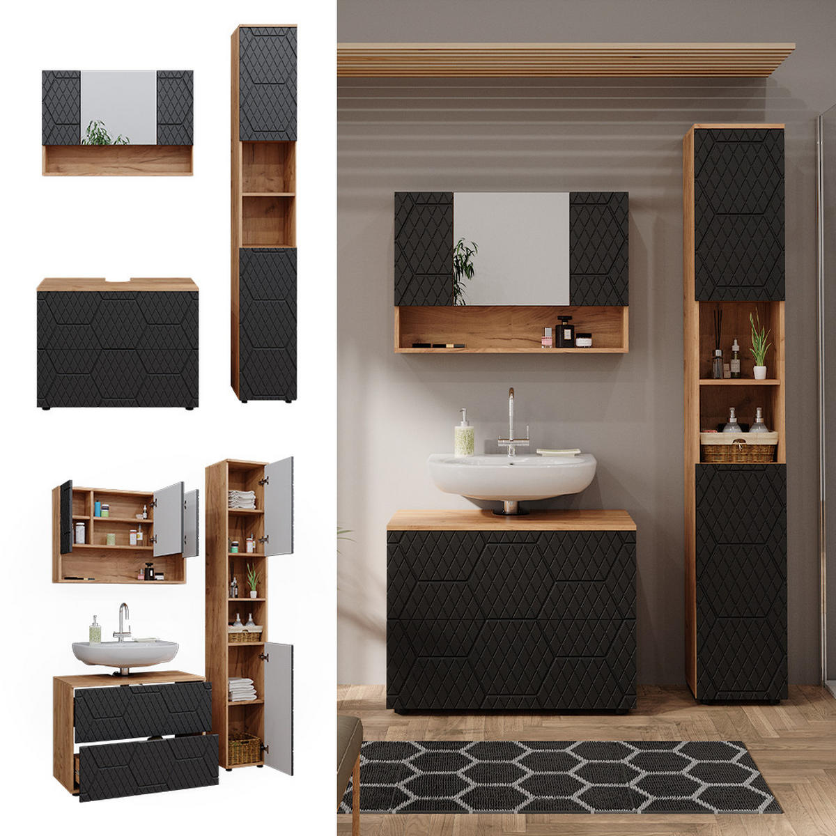 BADMÖBEL-SET Irma Anthrazit gestreift 3 Teile mit Spiegelschrank 80 cm - Honigeiche/Anthrazit, Holzwerkstoff (80/58.6/41cm) - Vicco