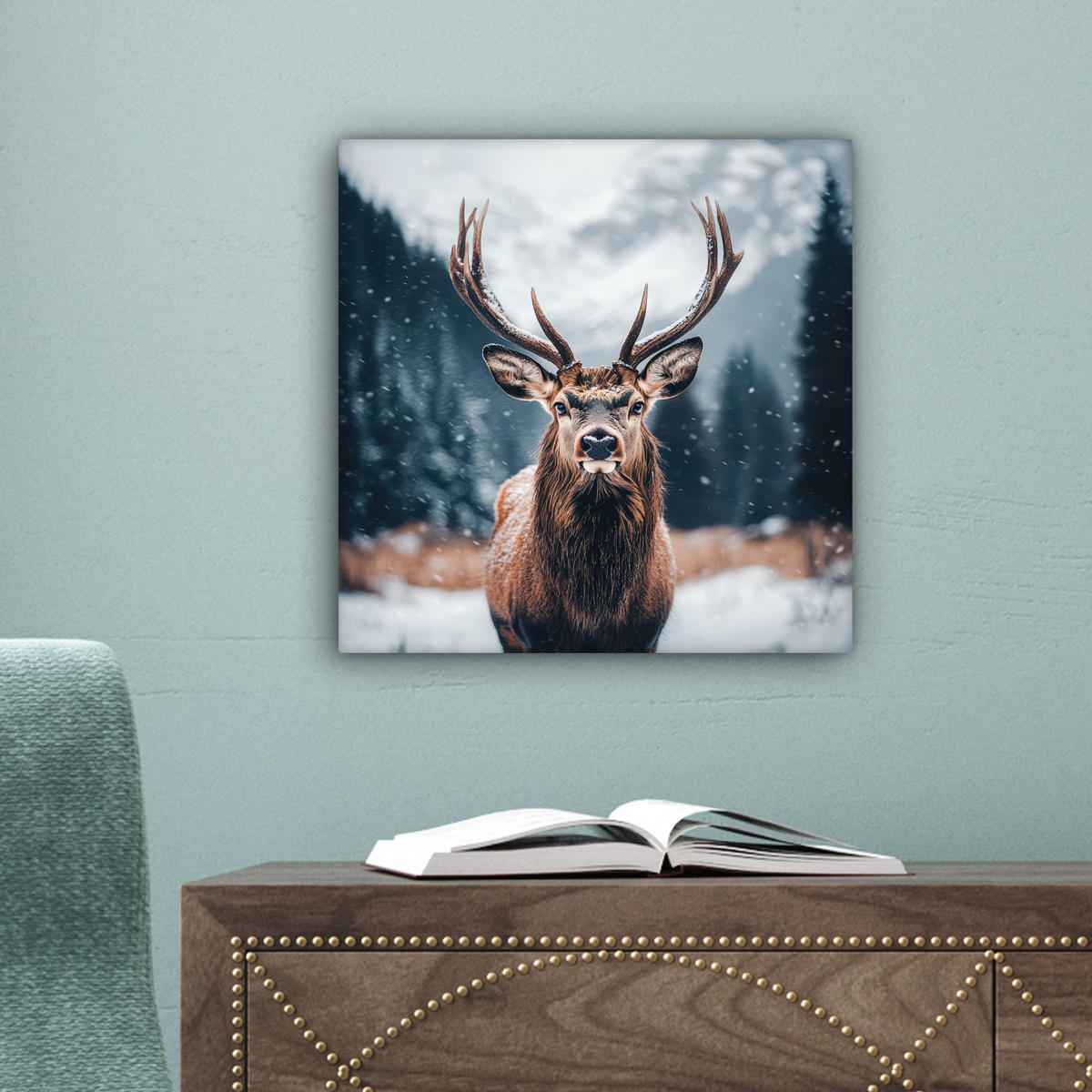 LEINWANDBILD Hirsche - Tiere - Landschaft - Winter - Schnee Deko Wohnzimmer 20x20 cm - Kastanienfarben, Textil (20/20cm) - MuchoWow