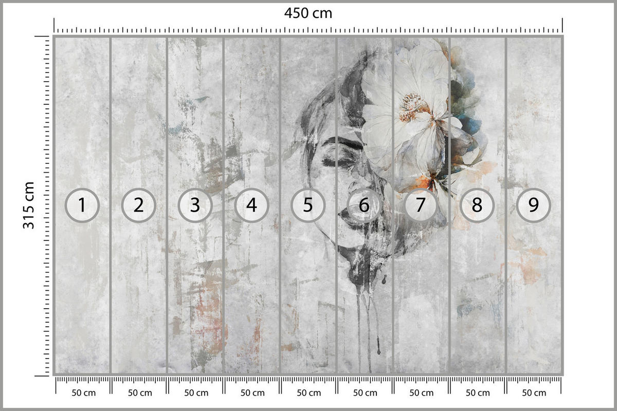 FOTOTAPETE für Schlafzimmer Frau Porträt Blume Beton Abstraktion 450x315 - Blau/Orange, Papier (450/315cm) - Muralo