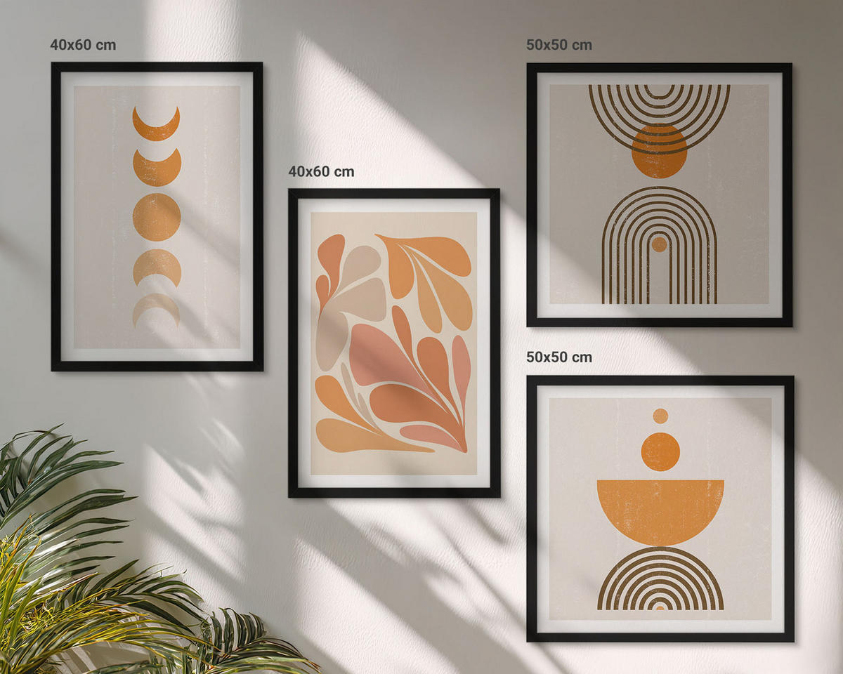 BILDER SET 4er Set - 50x50 cm & 40x60 cm Schwarzer Rahmen - Abstrakte orange Formen - Schwarz, Kunststoff (50/50cm) - TULUP