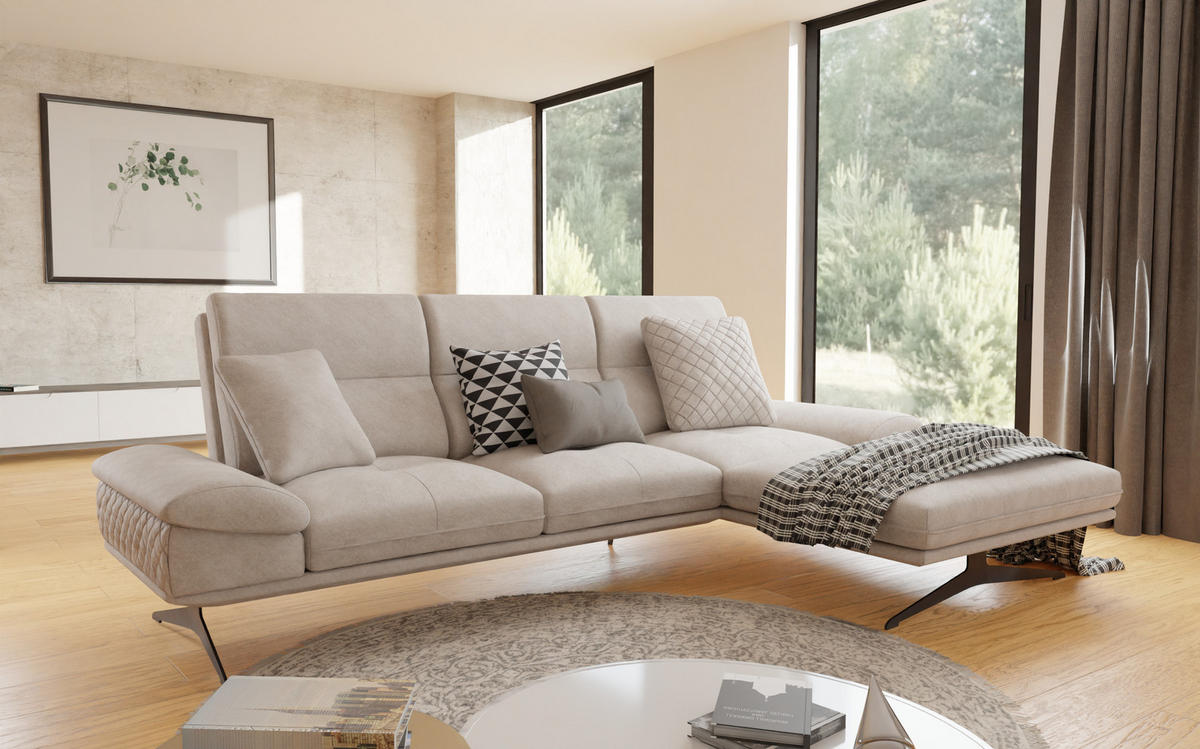 ECKSOFA Loris Beige Samt - Ottomane rechts - Beige/Schwarz, Holz/Textil (294/175cm) - S-Style Möbel