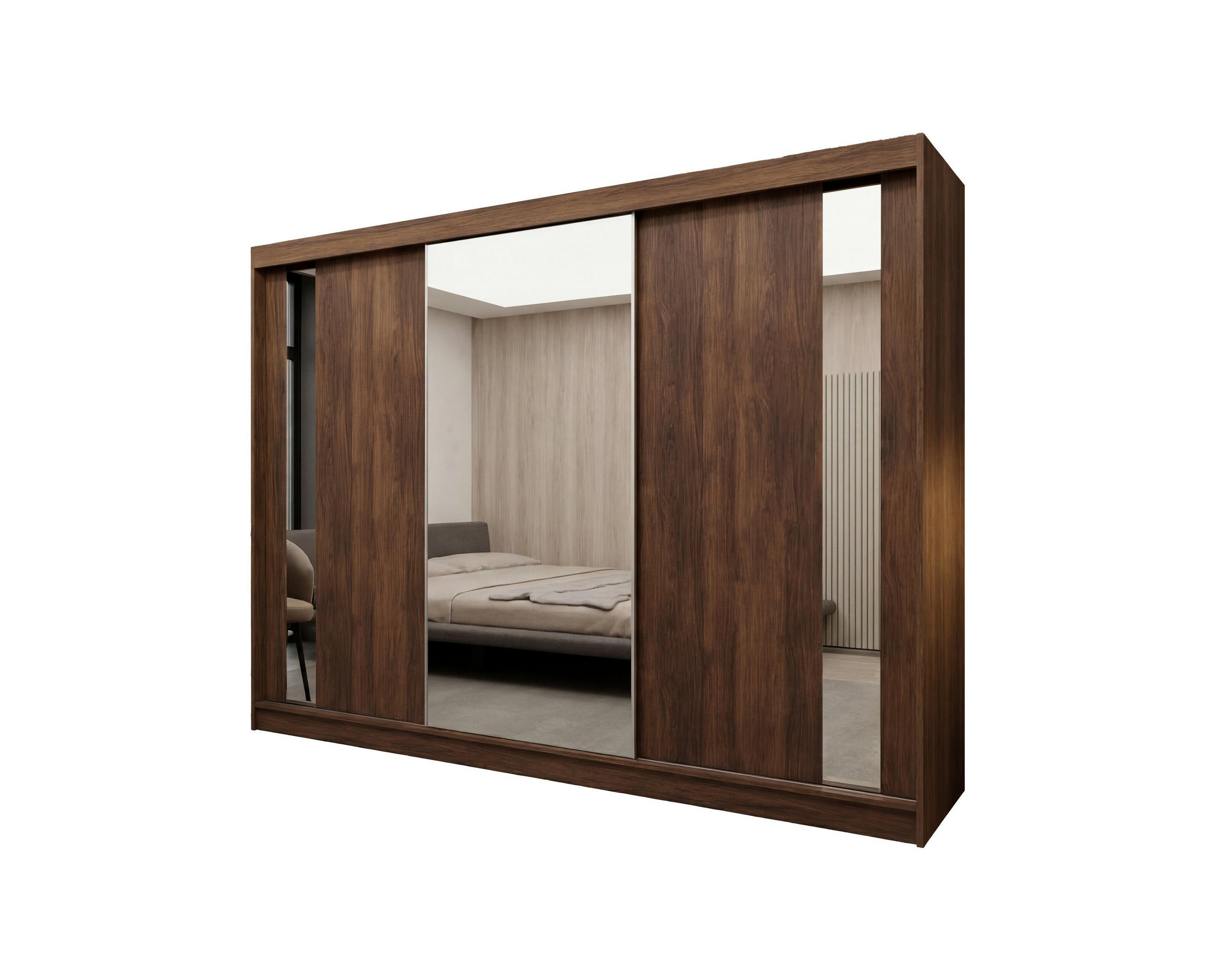 SCHWEBETÜRENSCHRANK GRAZIA 240/216/61 cm Modern Kleiderschrank 3-türig mit Spiegel Nussbaumfarben - Nussbaumfarben, Holzwerkstoff (240/216/61cm) - MASSENO