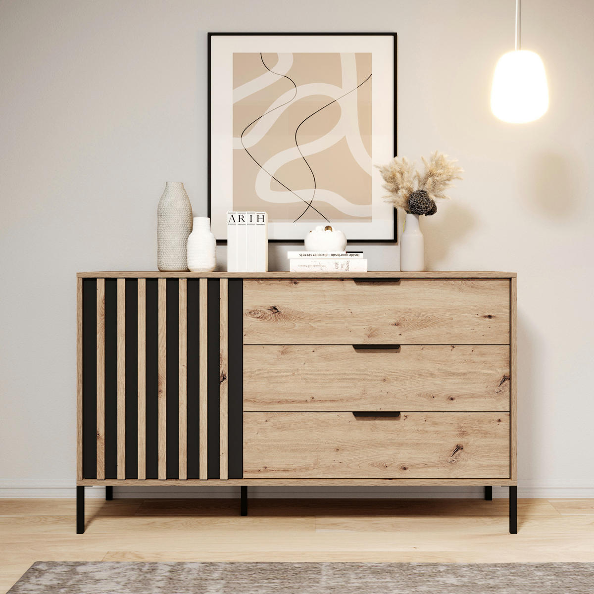 SIDEBOARD TANA KOM1 Lamellen Anthrazit Eiche - Eichefarben/Braun, Glas/Holzwerkstoff (137/82/40cm) - Komodee