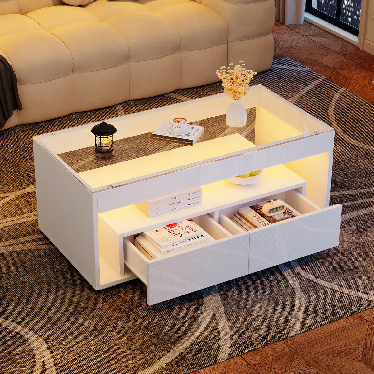COUCHTISCH 100/50/40 cm Weiß aus Spanplatte und gehärtetem Glas mit LED-Beleuchtung - Weiß, Holzwerkstoff (100/50/40cm) - OKMYHOME