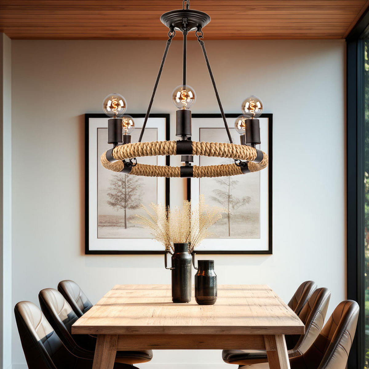 LED HÄNGELEUCHTE Hanfseil Schwarz - Schwarz, Metall (50/50/126cm) - Globo Lighting